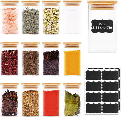 Glass Food Storage Jars Square 8oz, 12 Pack Glass Jars With Bamboo Lids, Kitchen Storage Containers
