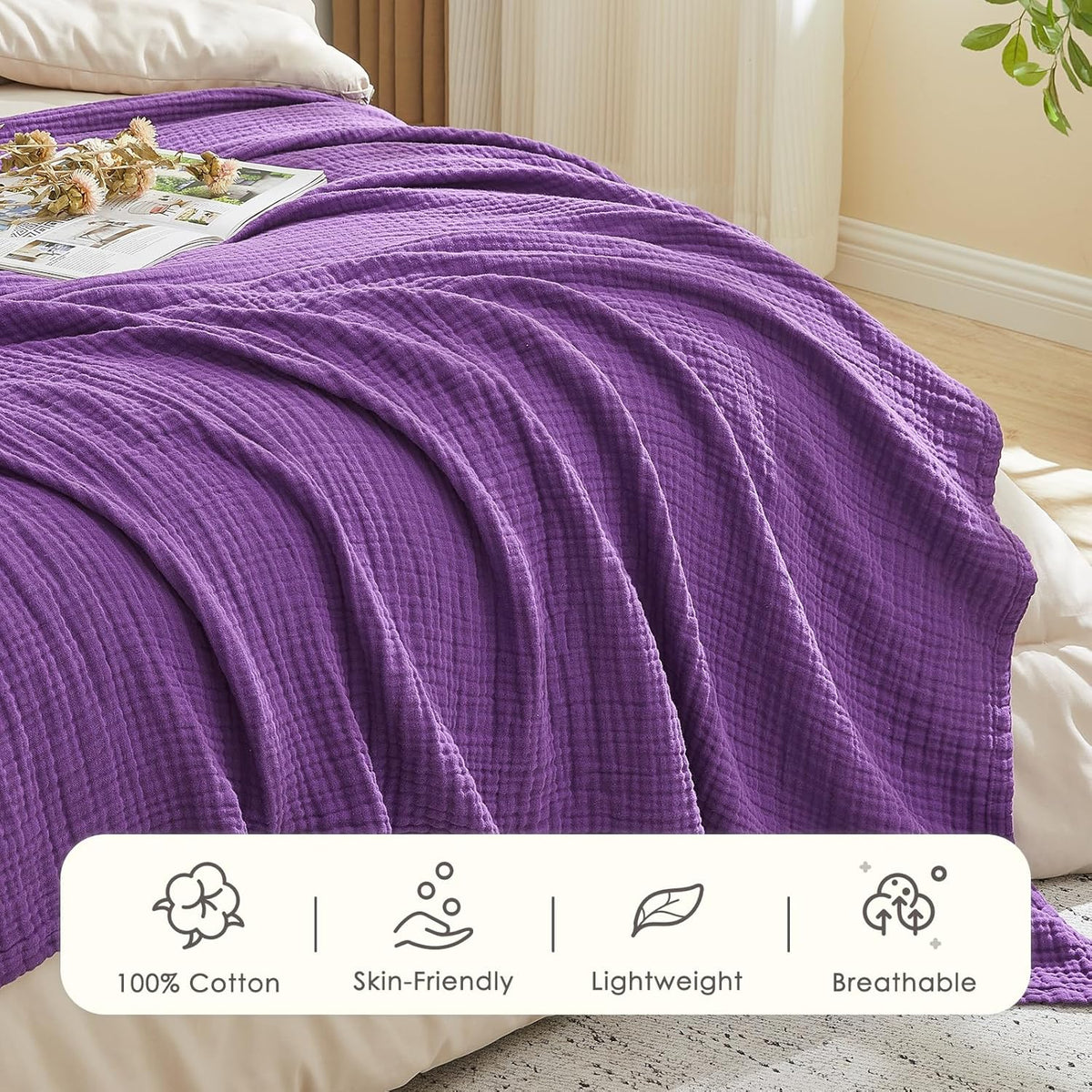 EMME Cotton Muslin Twin Blanket Breathable Gauze Blanket Soft Lightweight Blankets Adults Gifts for