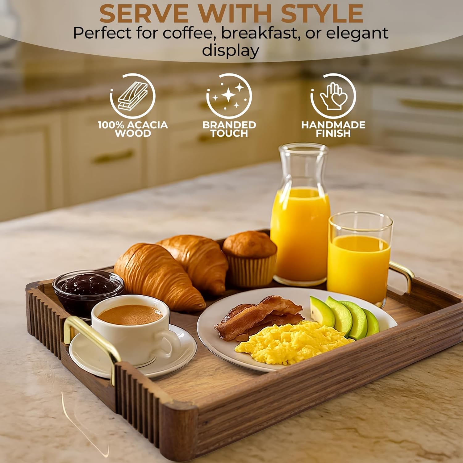 Acacia Wood Serving Tray with Metal Handles  – 17x12in Rustic Decorative Ottoman & Coffee Table