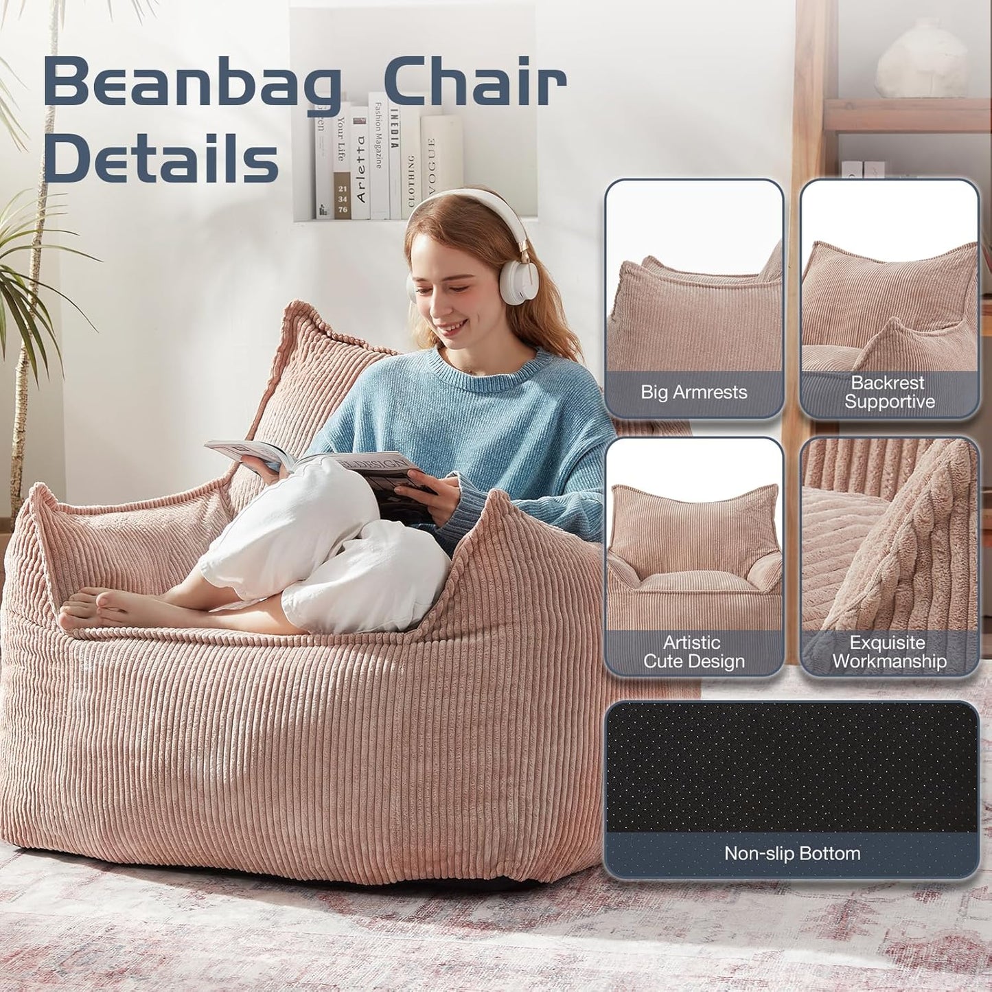 Giant Bean Bag Chair Sofa for Adults Teens, Comfy Corduroy Large Bean Bag Chairs with Armrests for