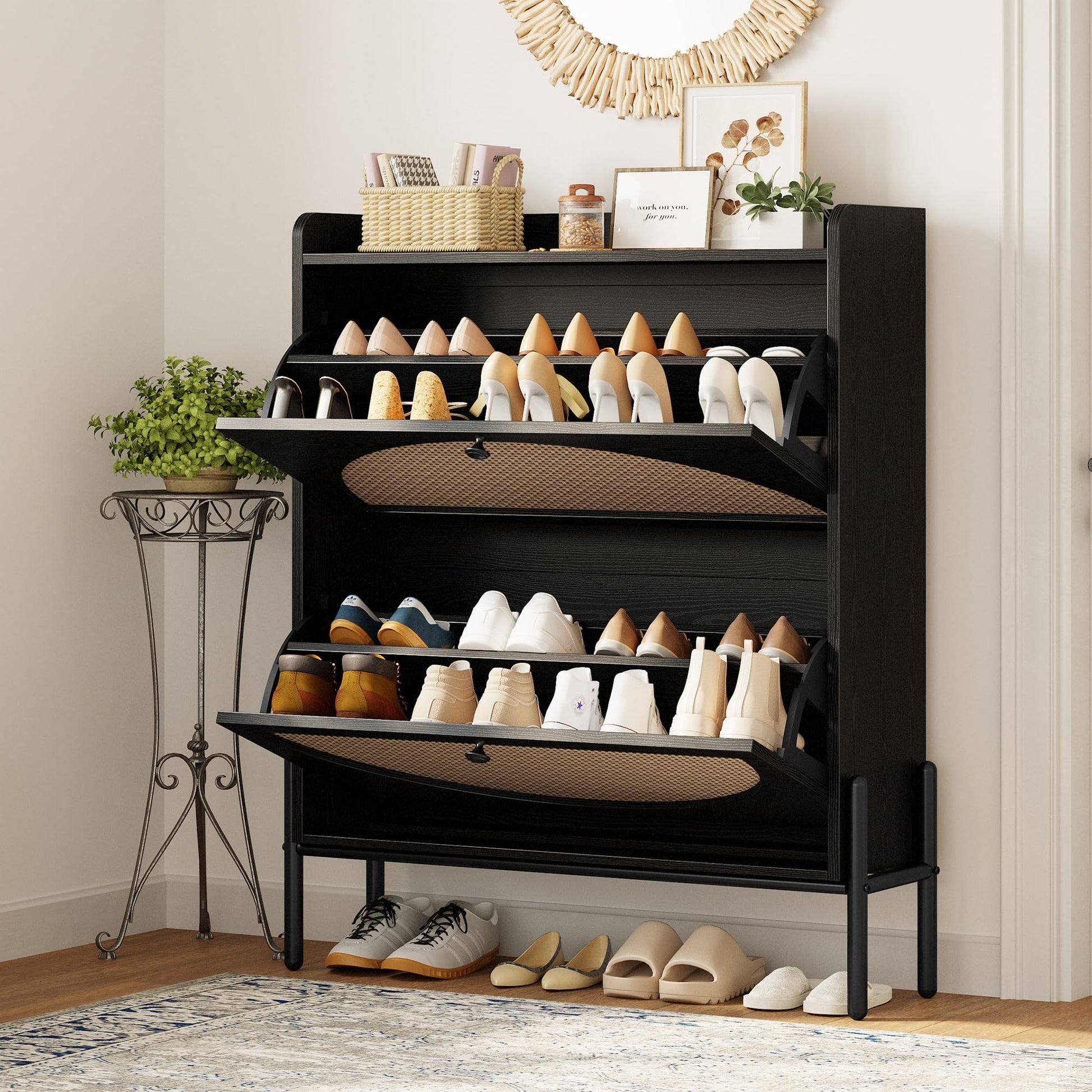 IRONCK Rattan Shoe Cabinet Storage with 2 Flip Drawers, Black