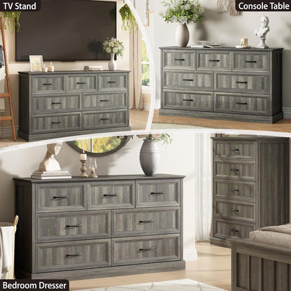 Farmhouse 7 Drawer Dresser for Bedroom, 55 Inch Wide Modern Grey Dresser TV Stand with Large