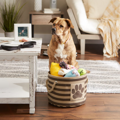 Bone Dry Pet Storage Collection Striped Paw Patch Bin, Small Round, Brown