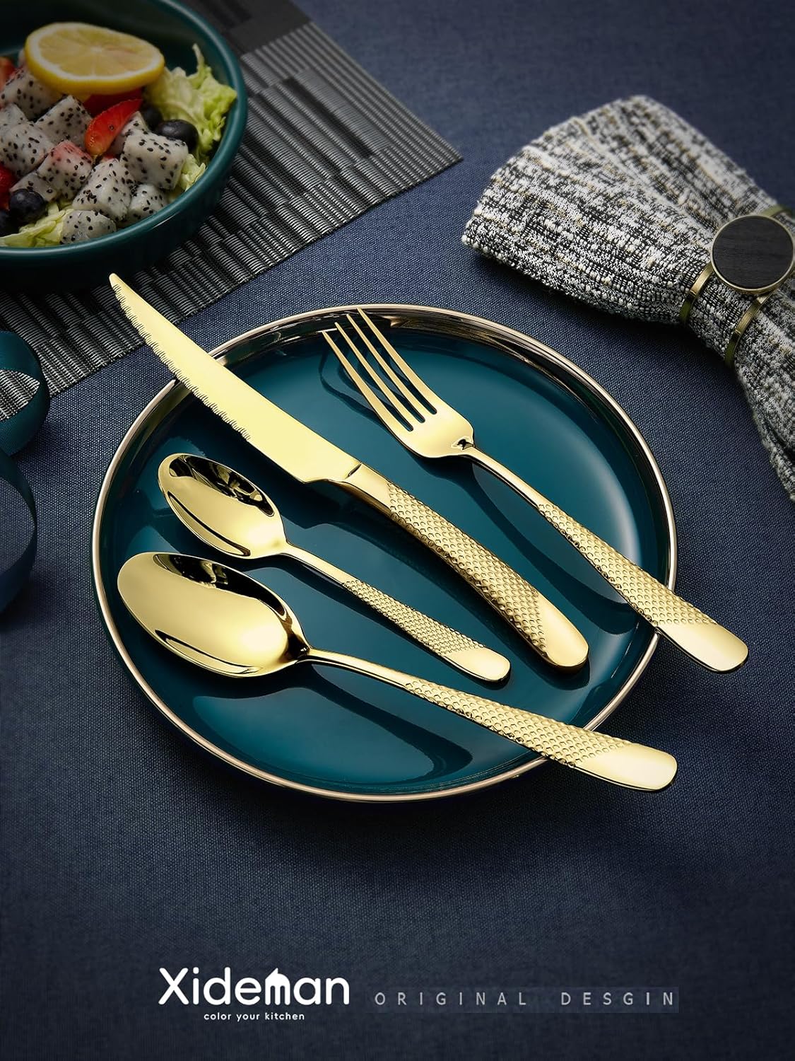 16-Piece Modern Champagne Gold Hammered Silverware Set with Ultra Sharp 2-IN-1 Serrated Knive