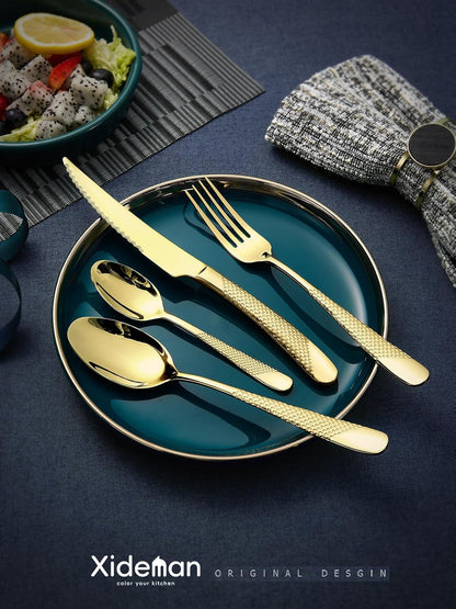 16-Piece Modern Champagne Gold Hammered Silverware Set with Ultra Sharp 2-IN-1 Serrated Knive