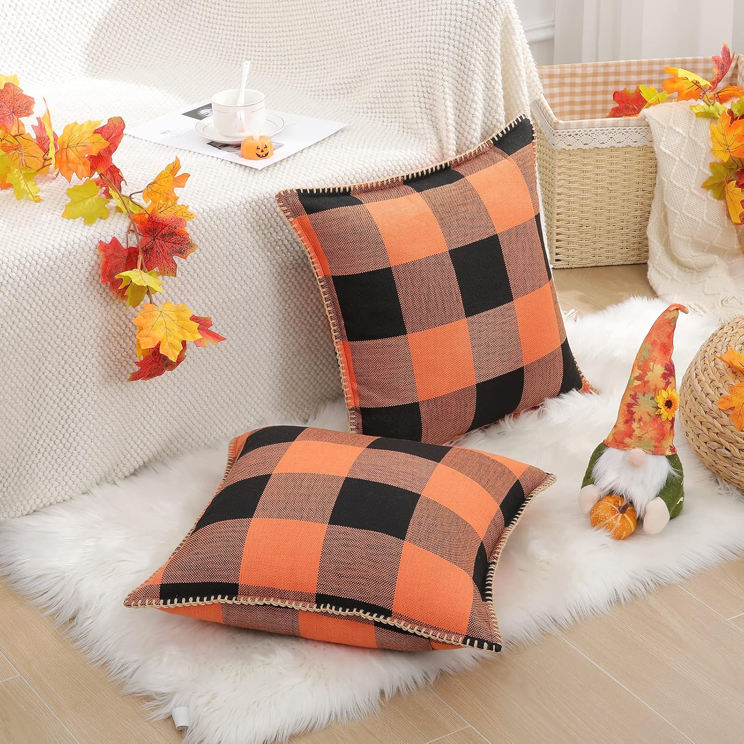 decorUhome Fall Orange and Black Decorative Throw Pillow Covers 16x16 Set of 2, Buffalo Plaid Check