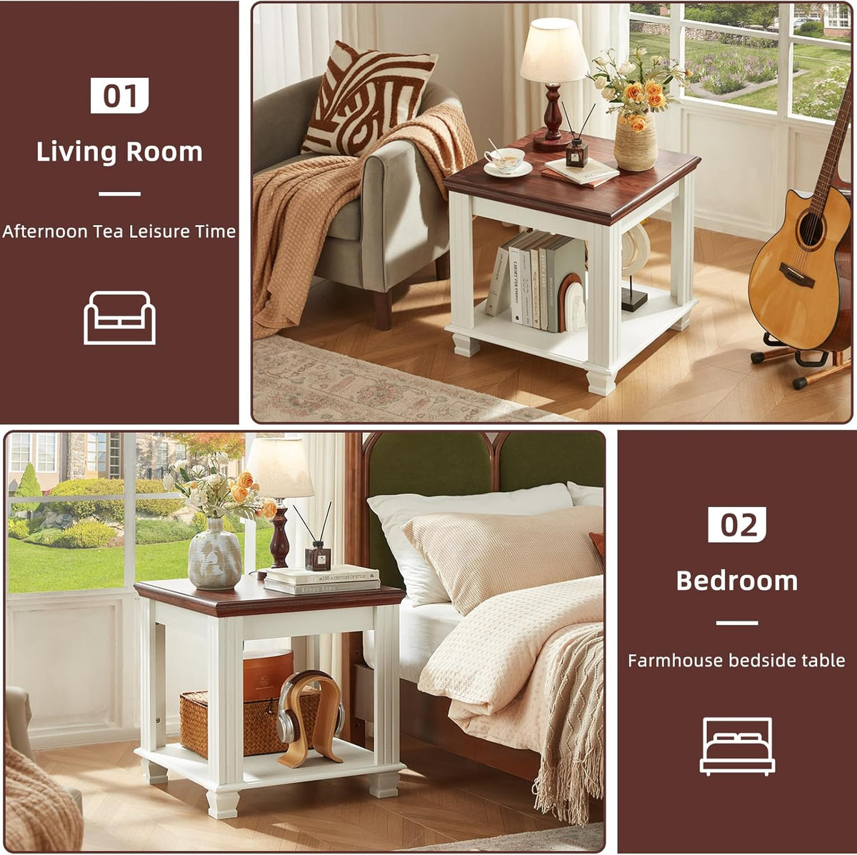 Farmhouse End Table Set of 2,Large Side Table with 2-Tier Storage Shelf,Rustic Wood End Tables for