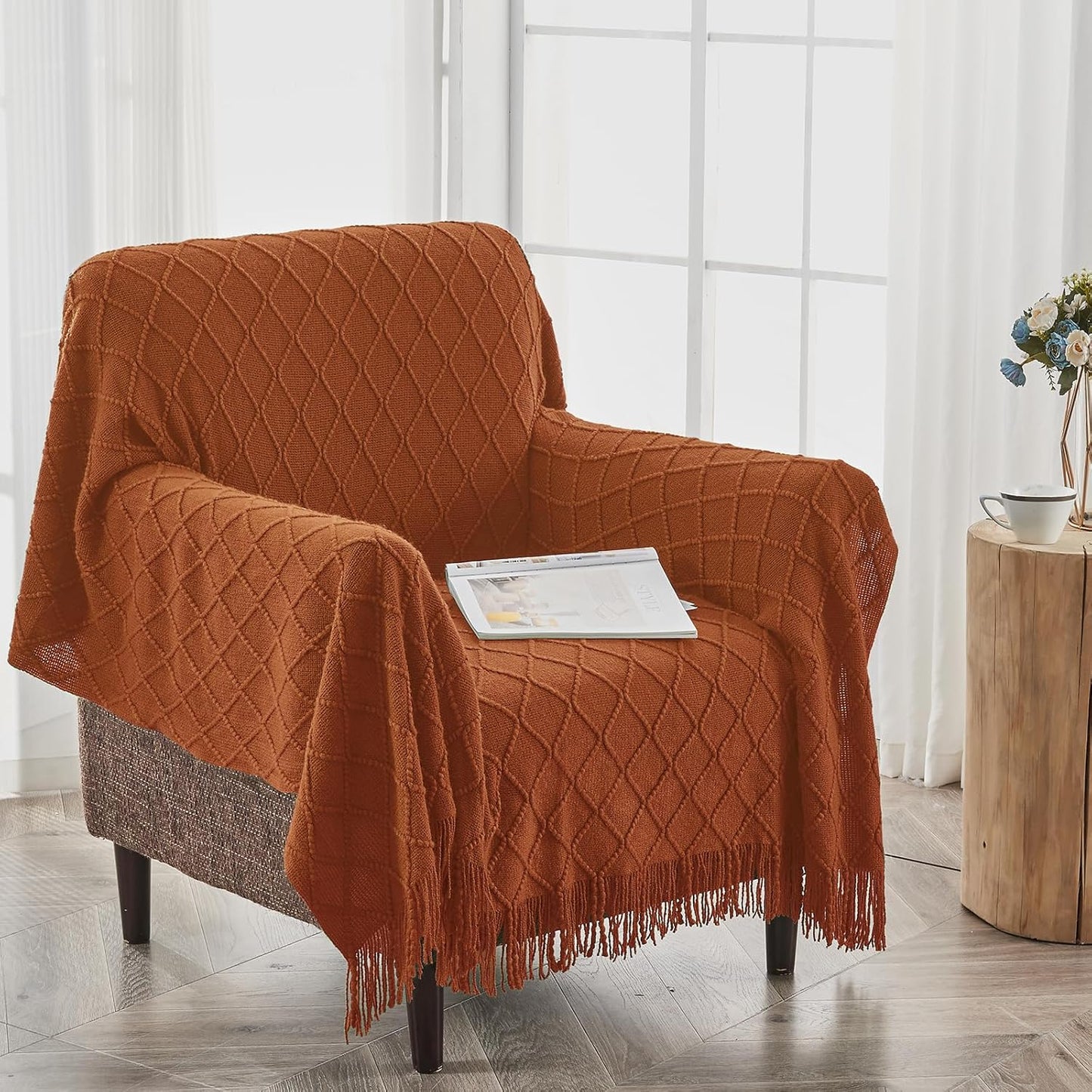 inhand Knitted Throw Blankets for Couch and Bed, Soft Cozy Knit Blanket with Tassel, Orange Rust