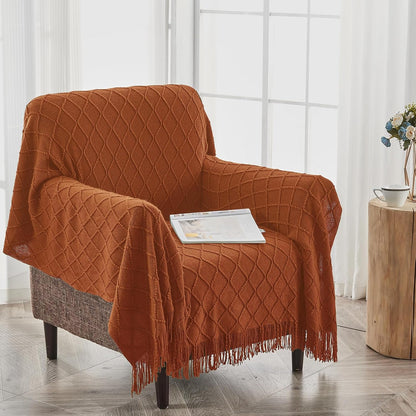 inhand Knitted Throw Blankets for Couch and Bed, Soft Cozy Knit Blanket with Tassel, Orange Rust