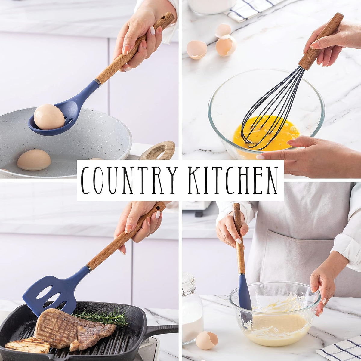 Country Kitchen Non Stick Silicone Utensil Set with Rounded Wood Handles for Cooking and Baking, 8