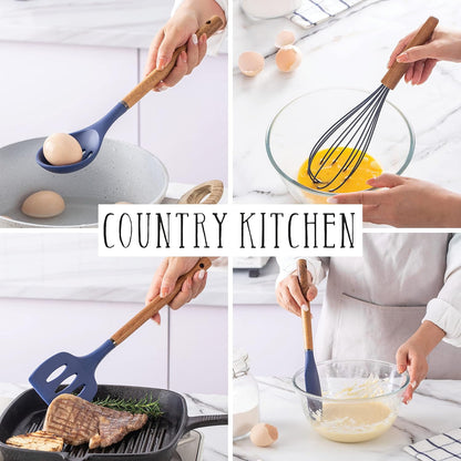 Country Kitchen Non Stick Silicone Utensil Set with Rounded Wood Handles for Cooking and Baking, 8