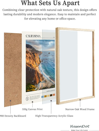 HesenDot Natural OAK Wood Coastal California Refers Framed Wall Art,12x16in Natural Seascape Canvas