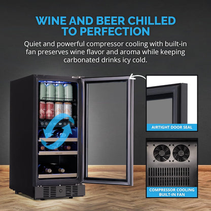 Newair 15" Wine and Beverage Refrigerator 9 Bottle and 48 Can Capacity, Beverage Cooler in