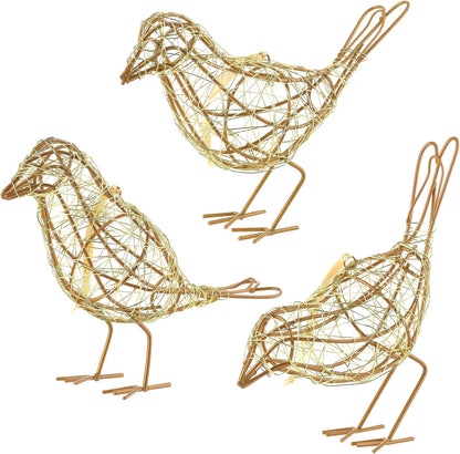 Artisan Handmade Gold-Wire Woven Bird Statues Trio Table Decor- Modern Farmhouse Shelf Decor with
