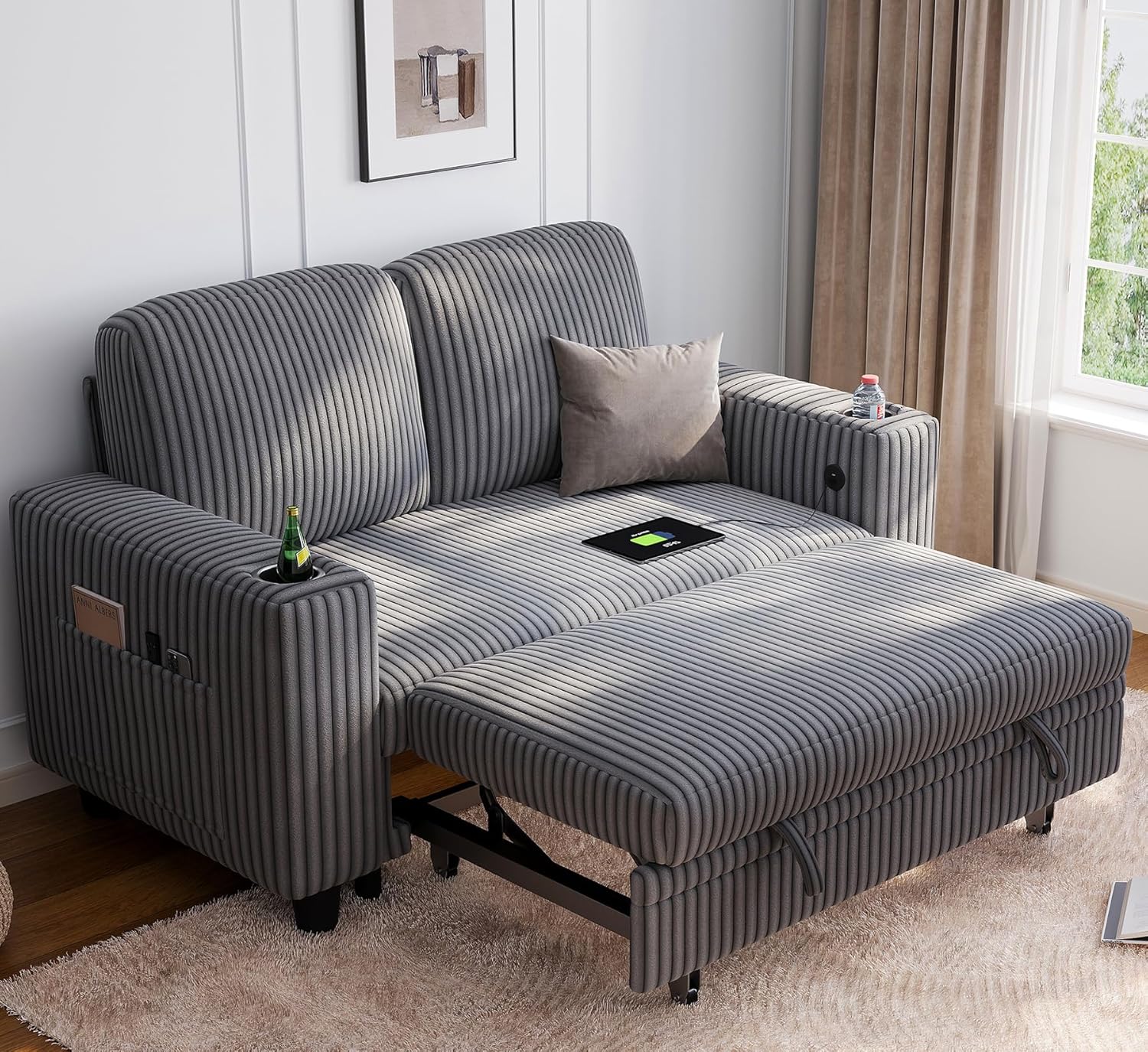 LINSY HOME Loveseat Sofa with Pull Out Couch: 2-in-1 Convertible 2 Seater Sofa Chaise with USB