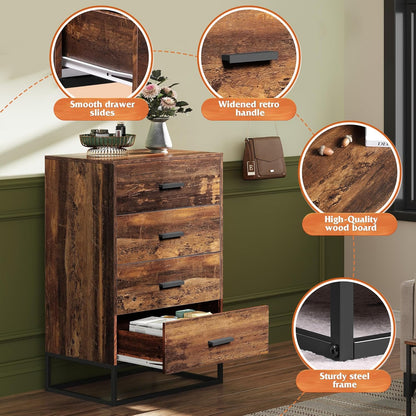 WLIVE Wood Dresser for Bedroom with 4 Drawers, Tall Dresser with Sturdy Metal Frame, Wooden Chest
