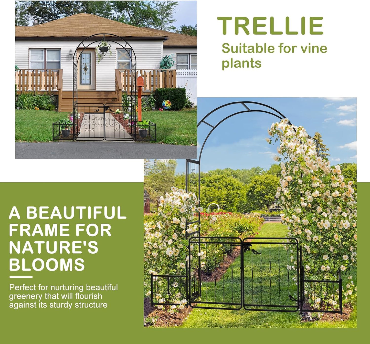 Outvita 7FT Garden Arch Arbor with Entry Door and Plant Frame, Heavy Duty Metal Arbour Archway