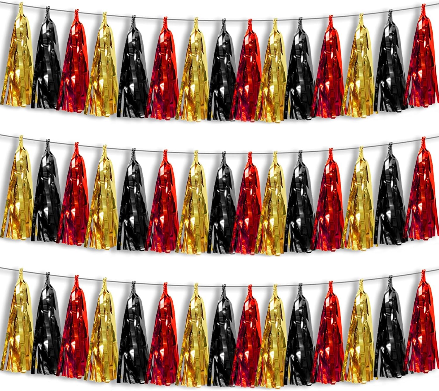 3P Black-Red Gold Foil Fringe Metallic Tassel Garland, Tassels Banner Streamers for Parade Floats