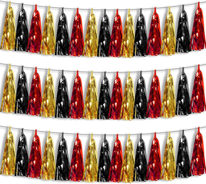 3P Black-Red Gold Foil Fringe Metallic Tassel Garland, Tassels Banner Streamers for Parade Floats