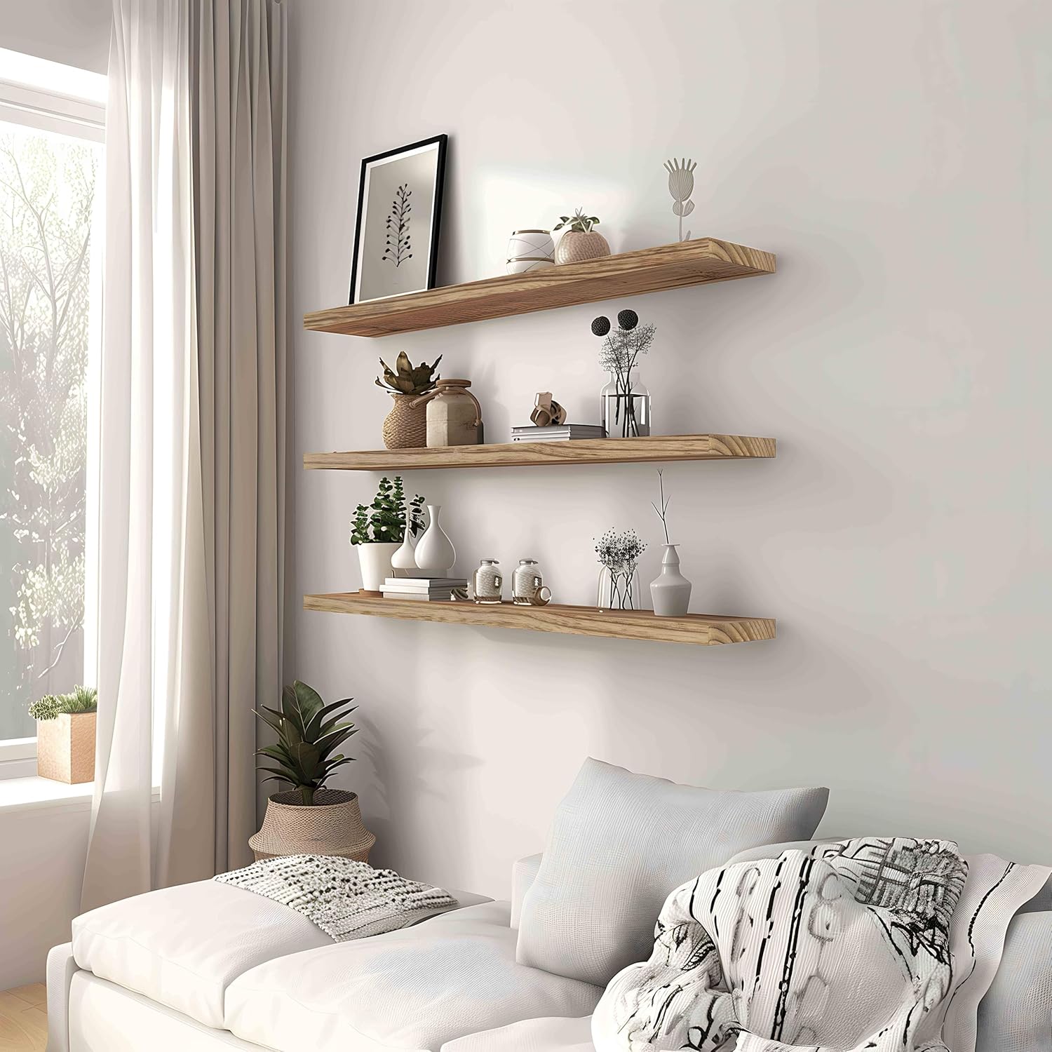 Wood Floating Shelves for Wall, Rustic Wall Shelves for Bedroom, Wall Mounted Floating Shelf, Set