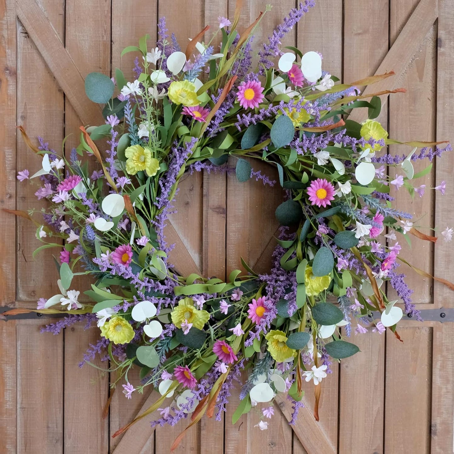 Idyllic 20 Inch Spring Summer Wild Flower Artificial Daisy Front Door Wreath, Everyday Greenery