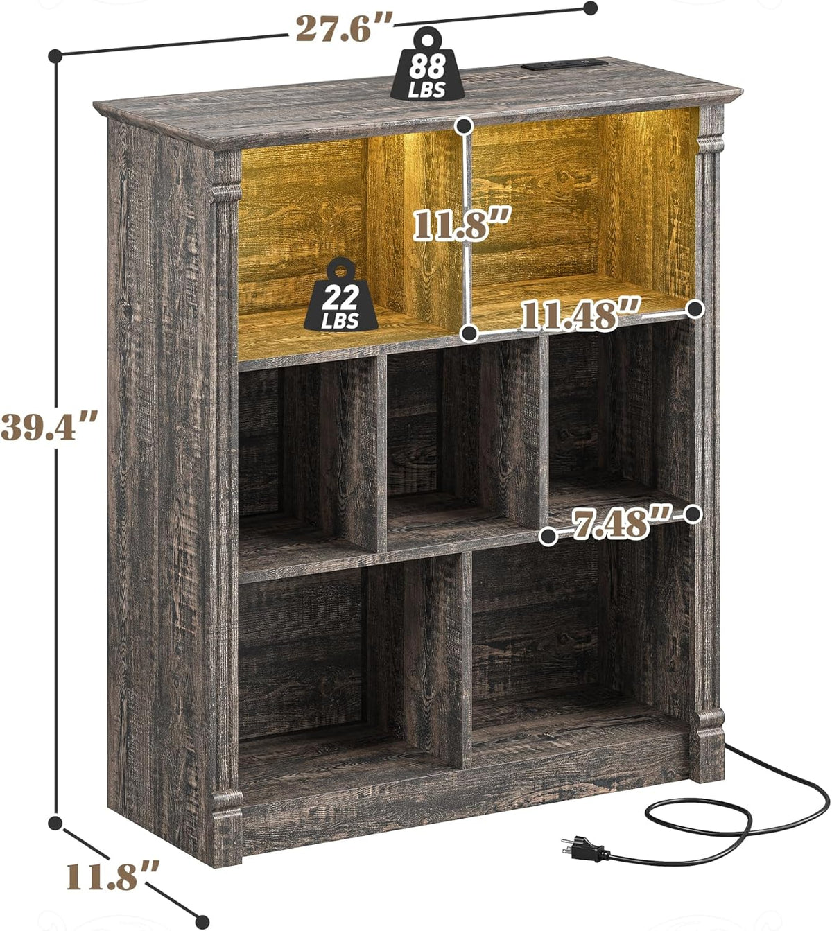 EnHomee 7 Cube Bookshelf Cubby Storage Organizer with LED Lights and Charging Station, Wood Shelf