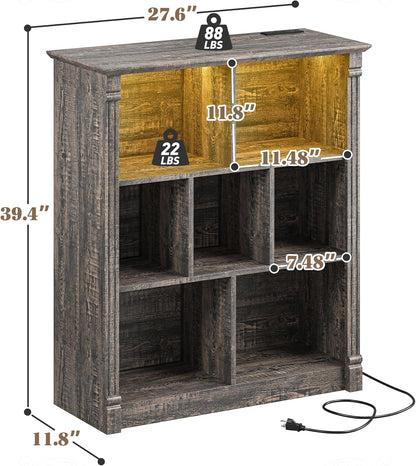 EnHomee 7 Cube Bookshelf Cubby Storage Organizer with LED Lights and Charging Station, Wood Shelf