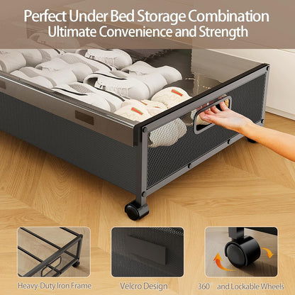 Under Bed Storage Containers with Wheels, 2 Pack Underbed Shoe Storage Organizer with Removable