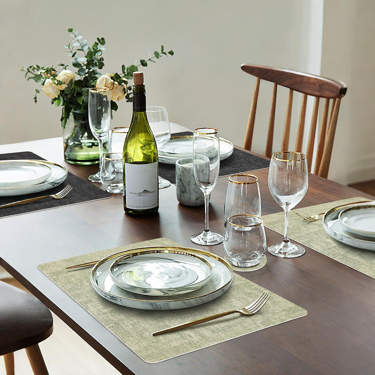 Faux Leather Dual Sided Placemats Set of 6, Square Non-Slip Heat Resistant Placemats with Coaster