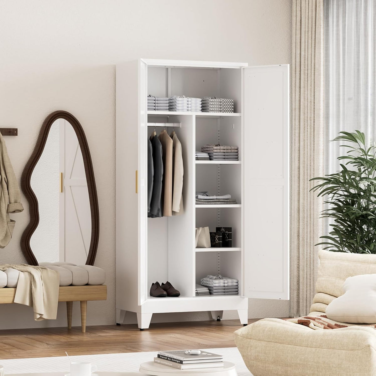 71'' Farmhouse Metal Wardrobe Cabinet with Hanging Rod, 2 Barn Door Wardrobe Closet with 5