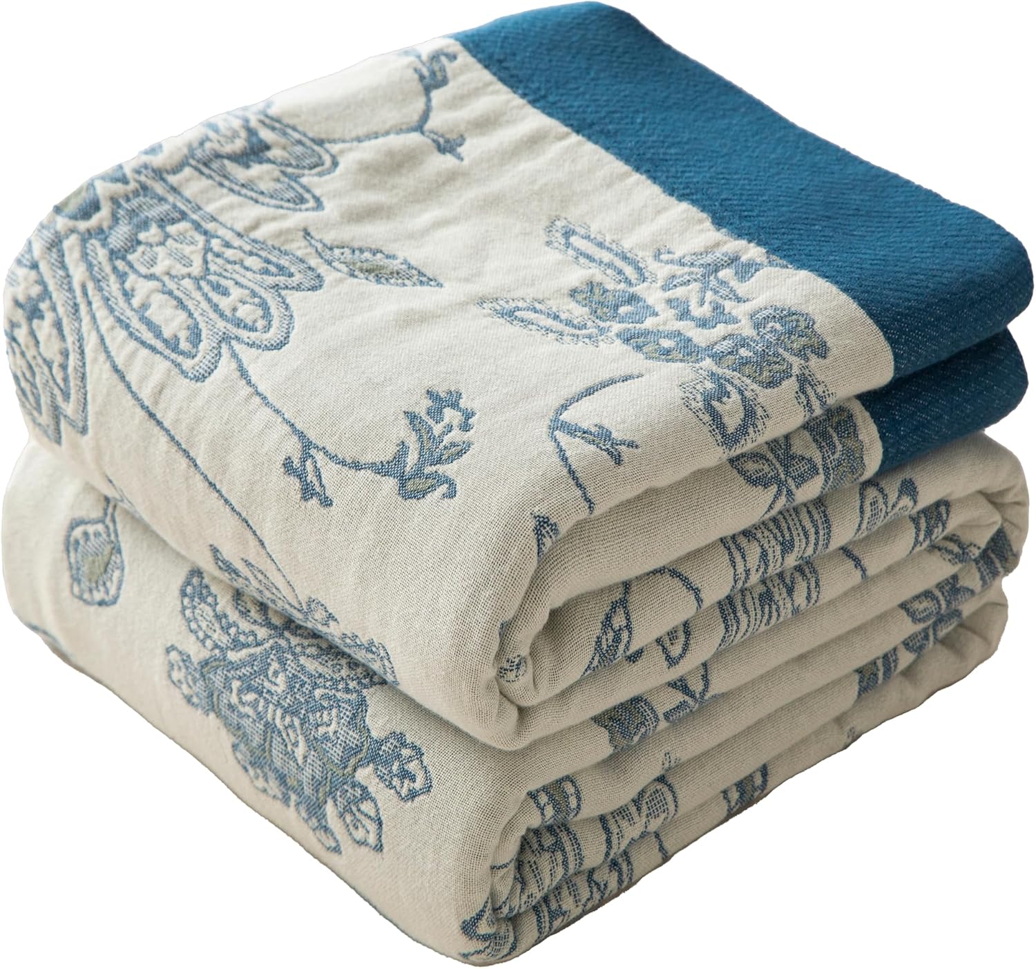 Boho Throw Blanket Twin Size, Soft Cozy Cotton Muslin Quilt Blanket for Bed Decor, Floral Patterned