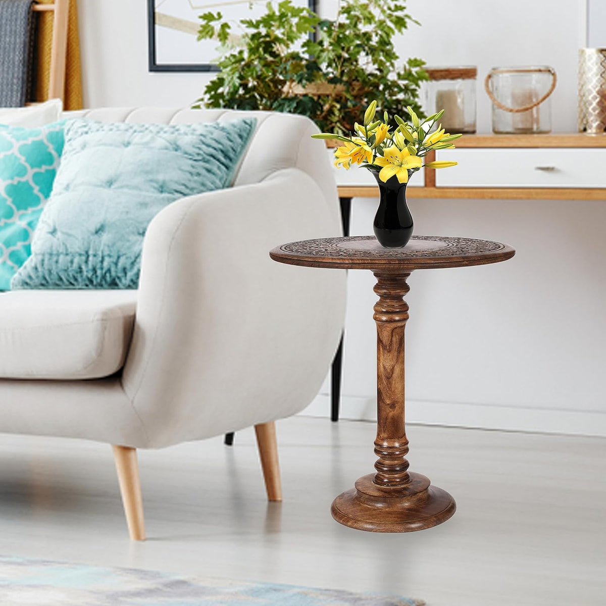 Lightnpro Hand Carved Solid Mango Wood Round Pillar Accent Table - 18" × 22" Rustic Farmhouse Side