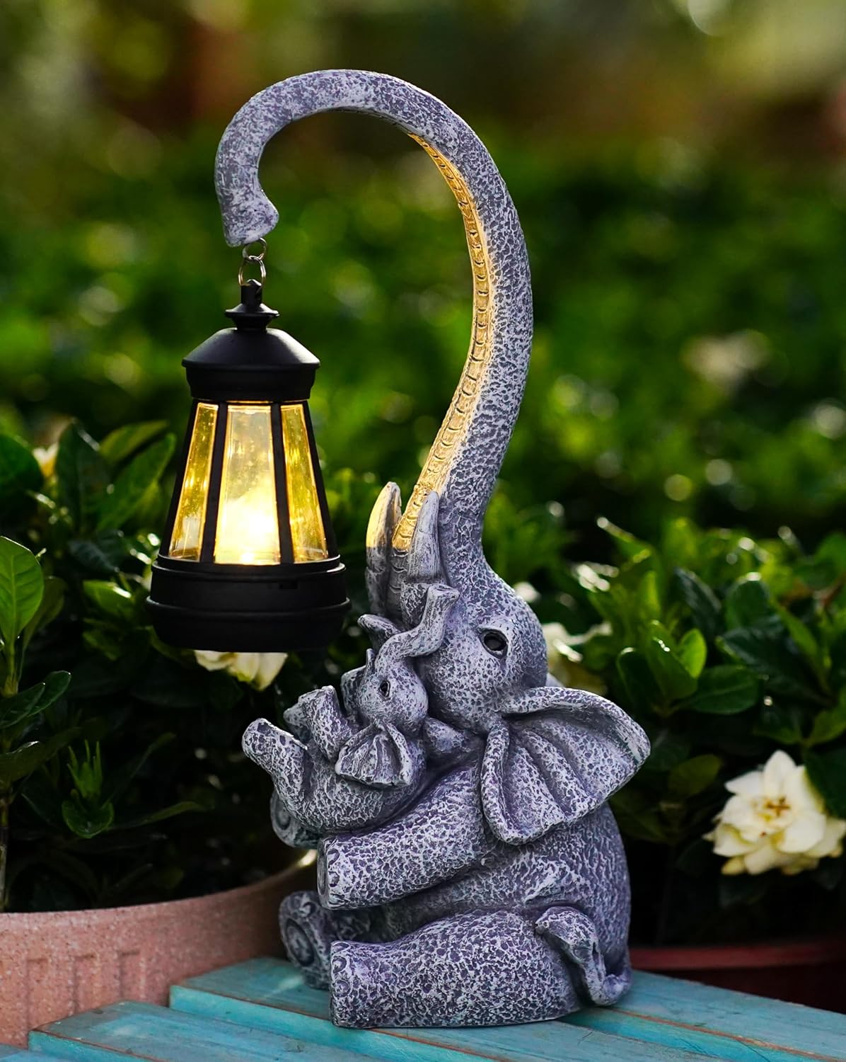 Elephant Outdoor Statues with Cute Baby Garden Decor, Resin Elephant Figurines with Solar Lantern