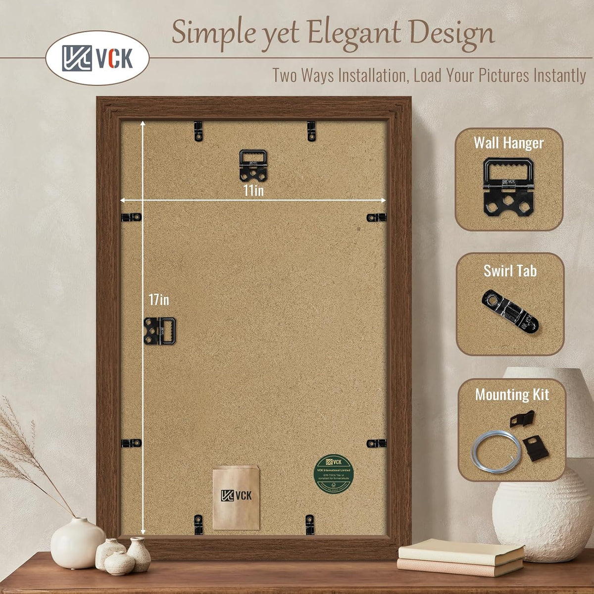 VCK 11x17 Picture Frame 3 Pack, Brown Wood Poster Frame with Exclusive Wood Grain, Wall Mounting