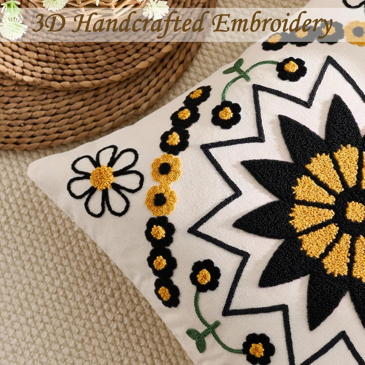 Embroidered Throw Pillow Cover 18x18 Classic Boho Floral Pattern Pillows Cover Outdoor Decorative