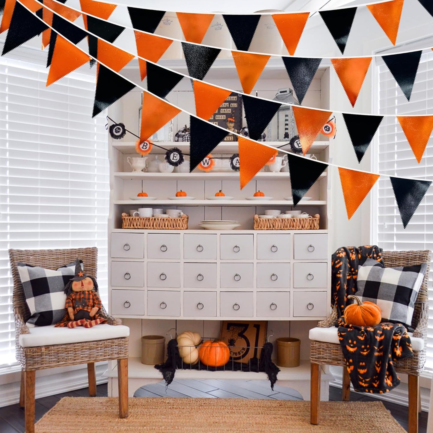Black Orange Party Decoration Metallic Fabric Triangle Pennant Banner Flag Bunting Garland for