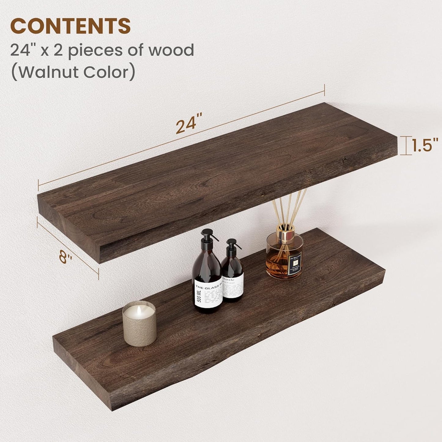 Floating Shelves for Wall Decor, Rustic Solid Elm Wood Live Edge Floating Shelves Wall Mounted