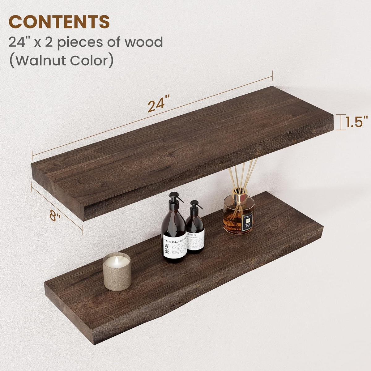 Floating Shelves for Wall Decor, Rustic Solid Elm Wood Live Edge Floating Shelves Wall Mounted