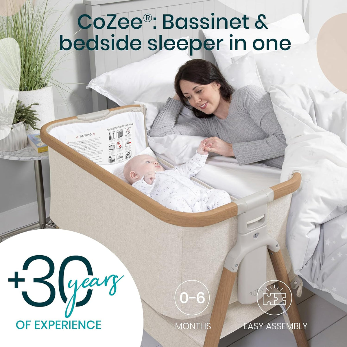 CoZee® 2-in-1 Baby Bassinet & Bedside Sleeper - Fast-Folding Bedside Bassinet, Baby Crib with 6