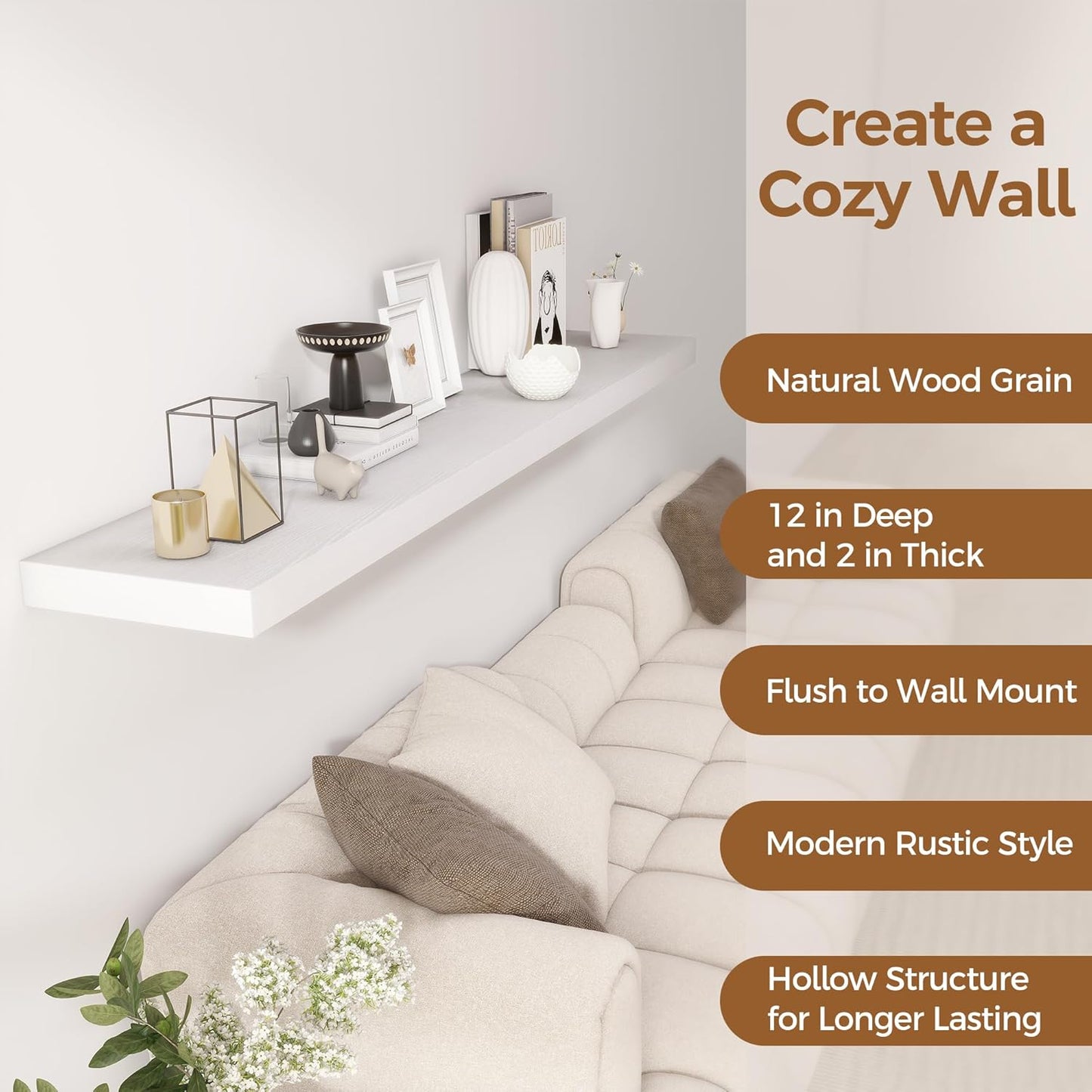Fun Memories 72 Inch Floating Shelf, 12 Inch Deep Wall Shelf for Fireplace Mantel, Deep Storage