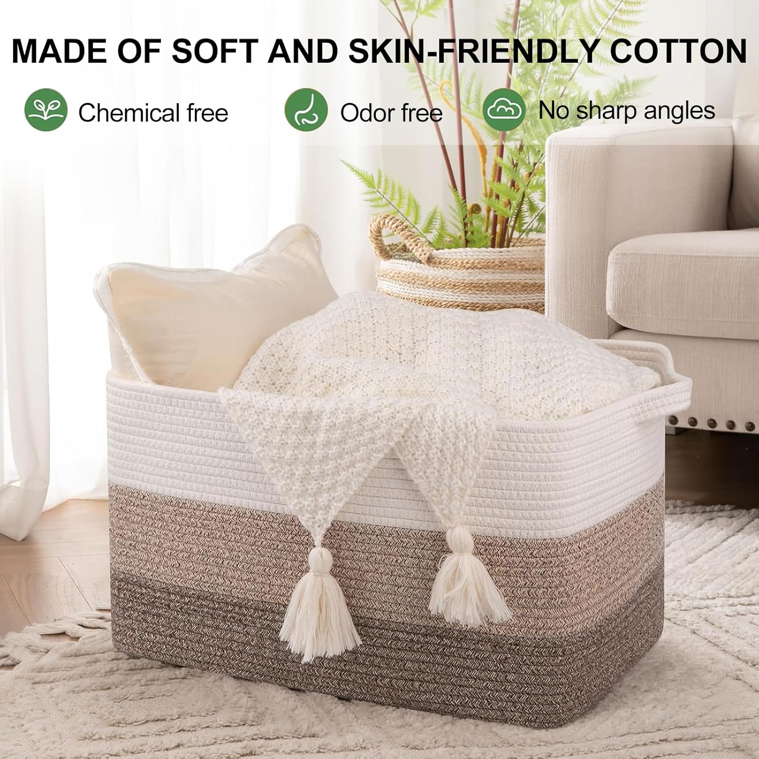OIAHOMY Rectangle Woven Storage Basket - Nursery Cotton Rope Baskets for Storage, Toy Basket