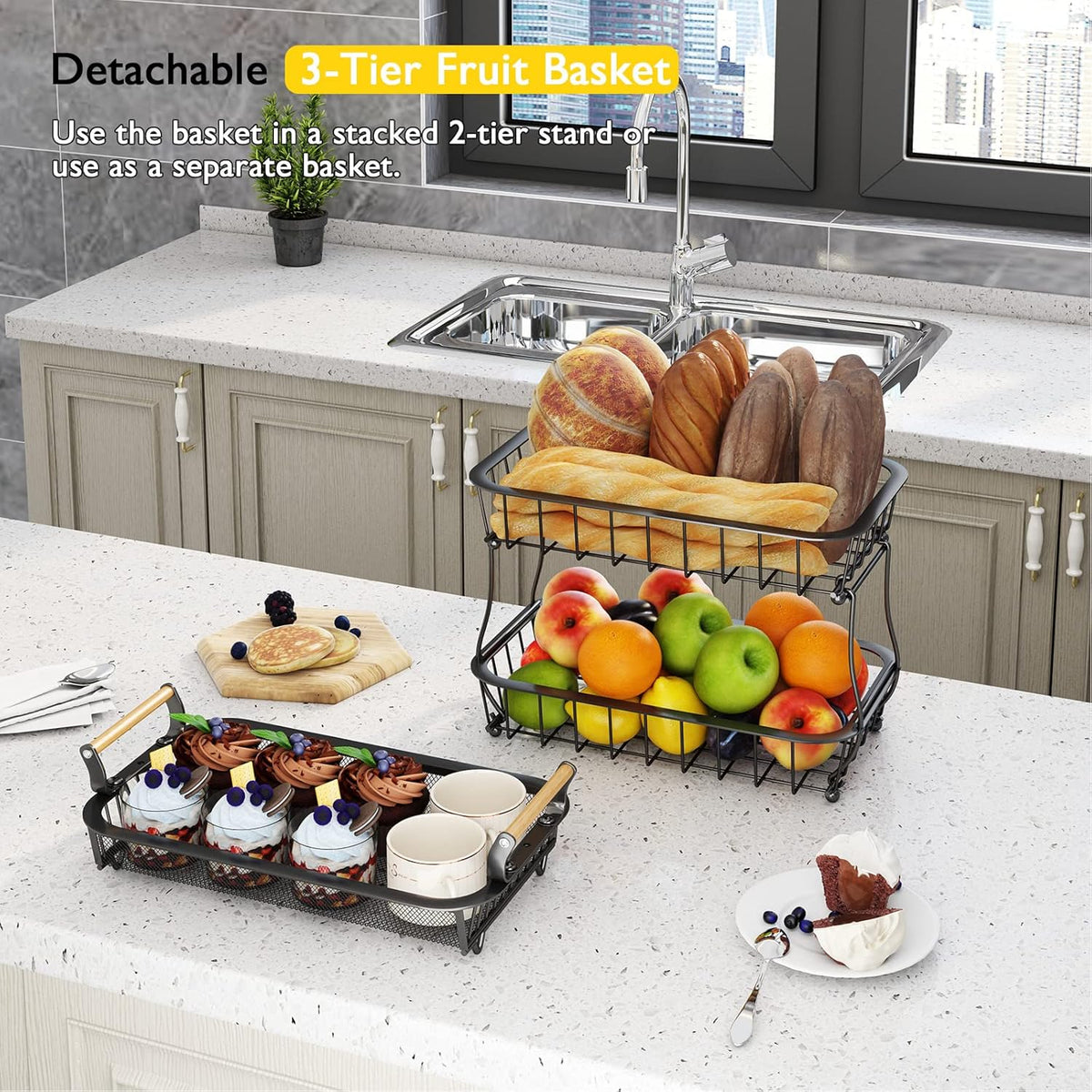 ANTOPY 3 Tier Fruit Basket with 2 Banana Hangers, Countertop Fruit Vegetable Basket Bowl for