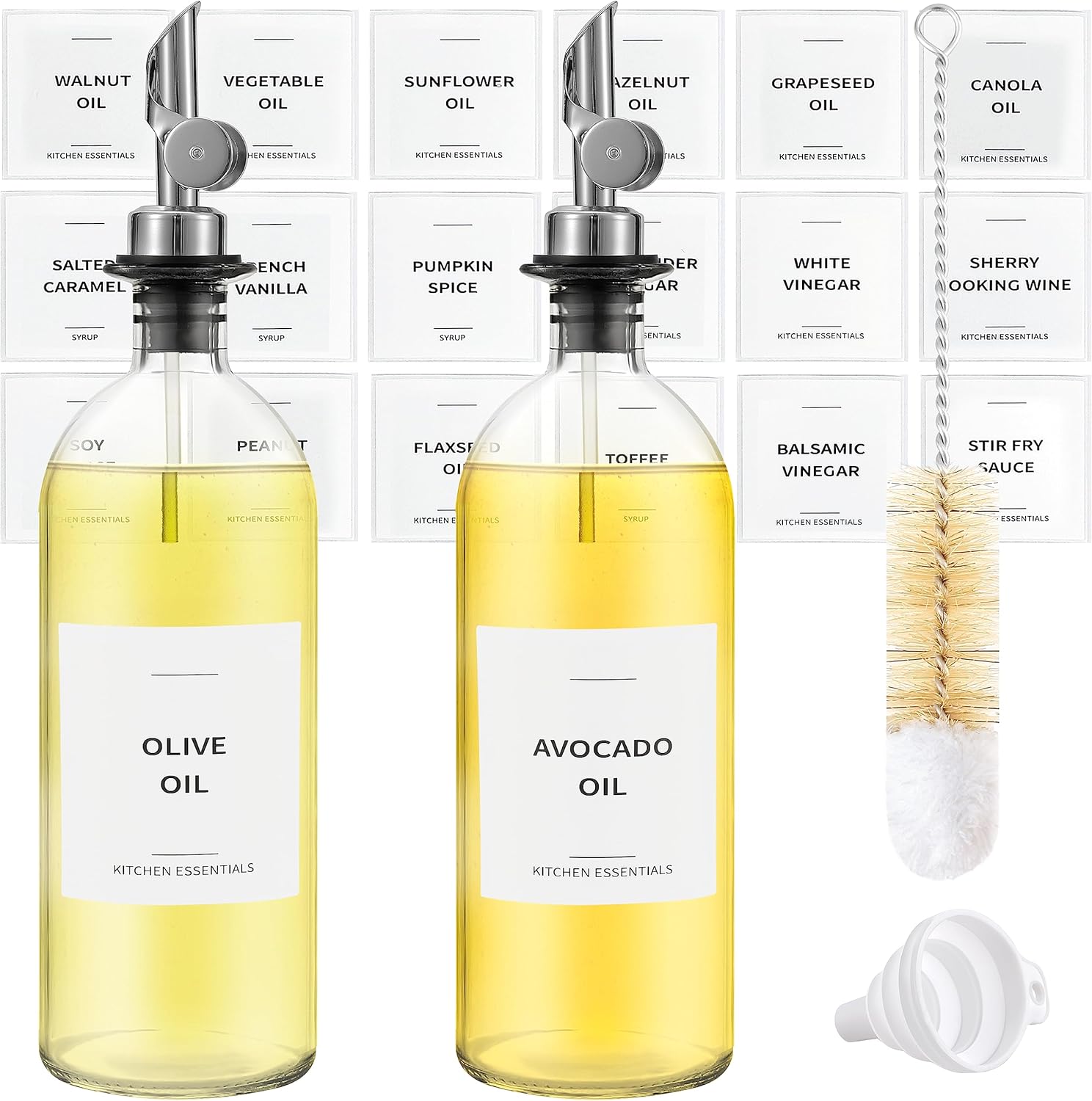 Olive Oil Dispenser Bottle - Includes 55 Kitchen Essential Labels - Cooking Oil Bottles for