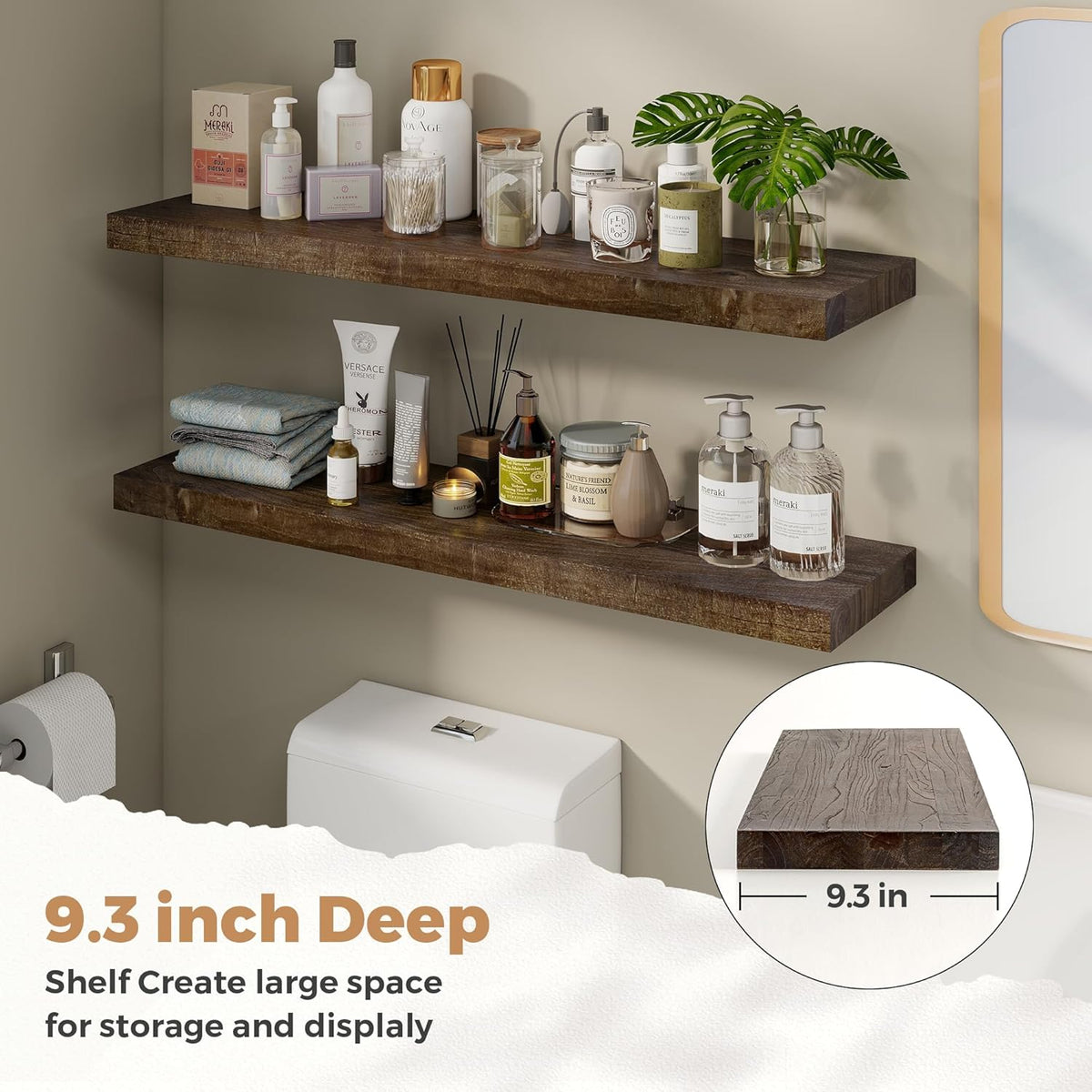 RICHFOCUS Elm Floating Shelves for Wall - 40" W x 9.3" D Rustic Solid Wood Shelves with Invisible