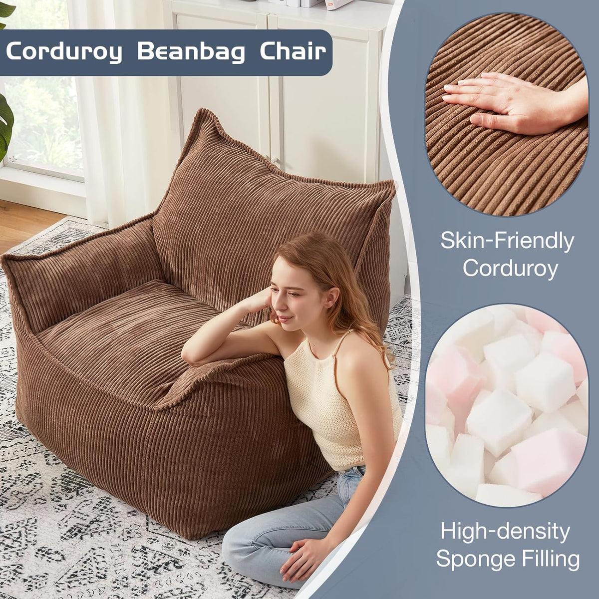 Giant Bean Bag Chair Sofa for Adults Teens, Comfy Corduroy Large Bean Bag Chairs with Armrests for