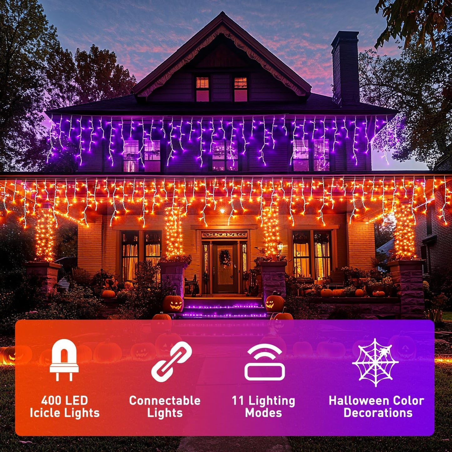 JMEXSUSS 400 LED Color Changing Halloween Lights Outdoor, 38.8ft Orange to Purple Halloween Icicle