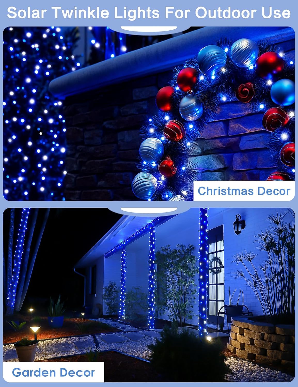 2 Pack Blue and White Solar String Lights Outdoor, 80FT 200 LED Waterproof Silver Wire Fairy Light