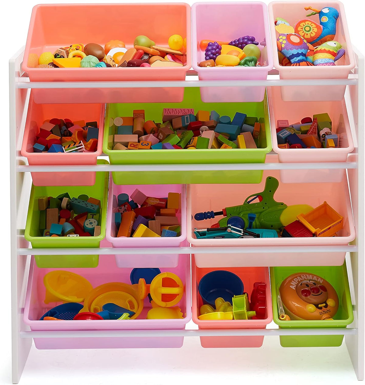 Amazon Basics Kids Toy Storage Organizer With 12 Plastic Bins, White Wood With Pink Bins, 10.9" D x