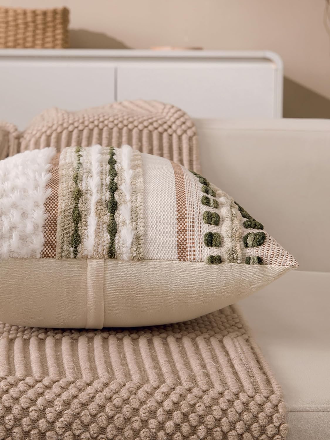 Boho Chenille Tufted Couch Throw Pillow Covers 18x18 Inch Set of 2 Farmhouse Striped Decorative