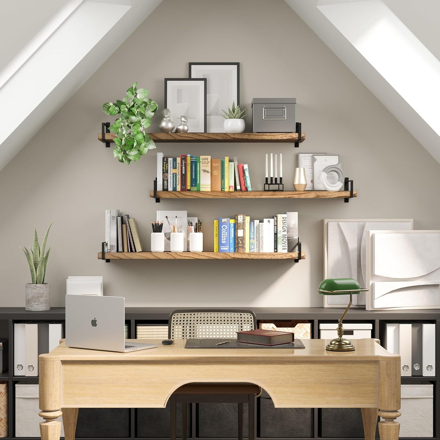 Wallniture Toledo 48 inch Floating Shelf with Heavy Duty Bookend Brackets, Wooden Shelves for Wall